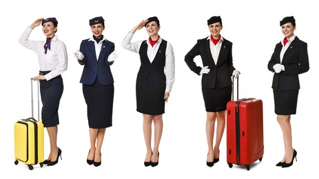 Image of Stewardess in uniform on white background, collage of full length portraits