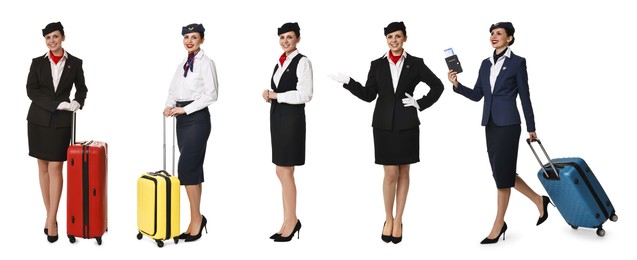 Image of Stewardess in uniform on white background, collage of full length portraits