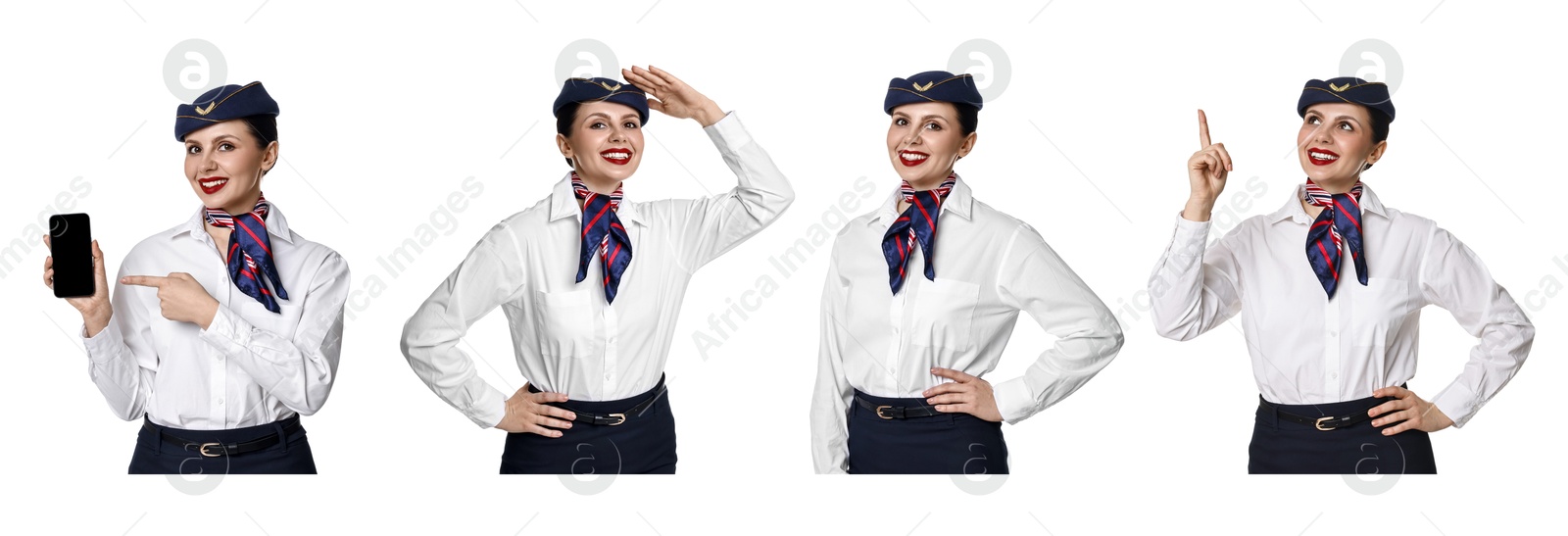 Stewardess in uniform on white background, collage of portraits Image of Stewardess in uniform on white background, collage of portraits