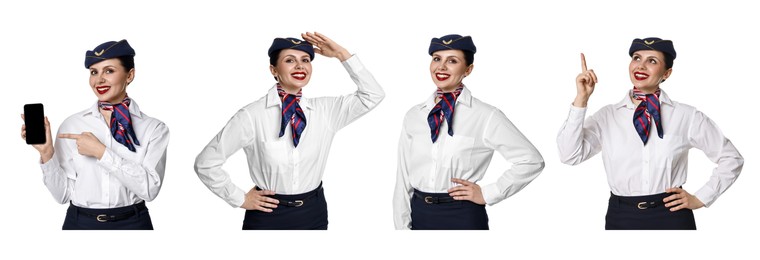 Image of Stewardess in uniform on white background, collage of portraits