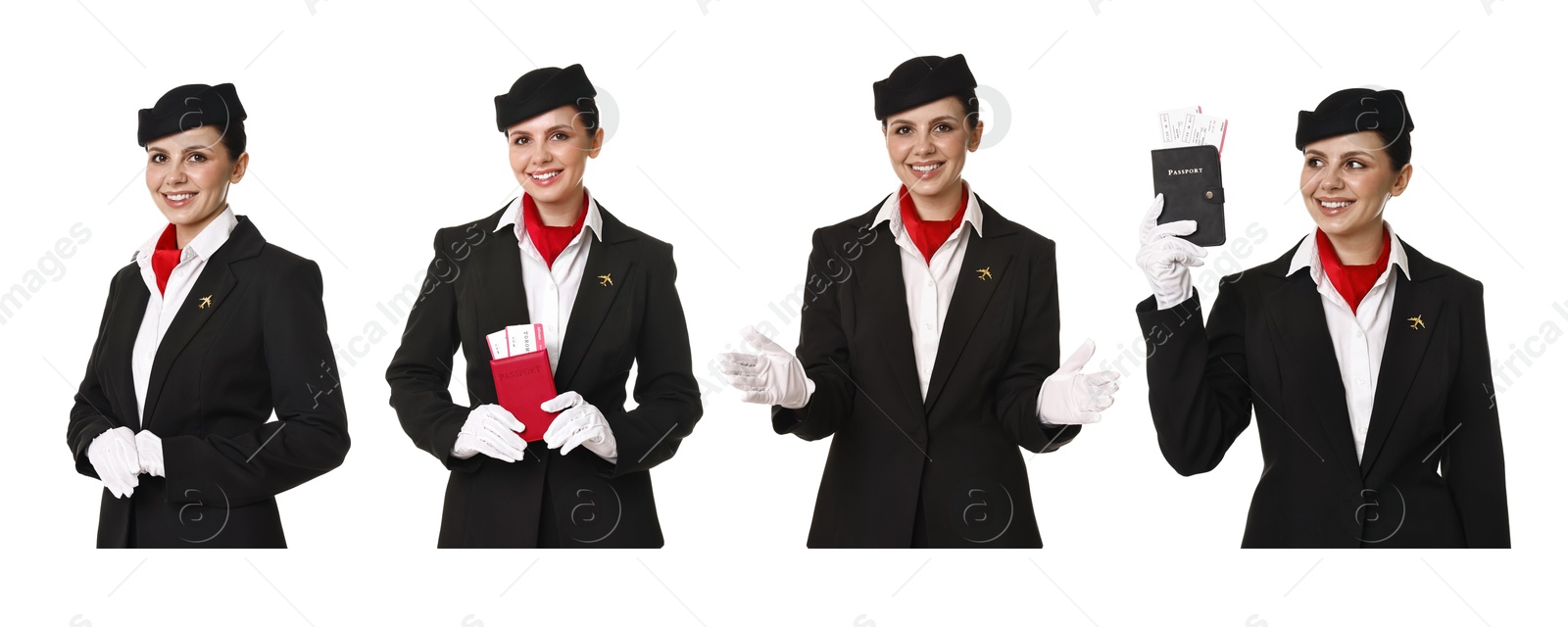 Stewardess in uniform on white background, collage of portraits Image of Stewardess in uniform on white background, collage of portraits