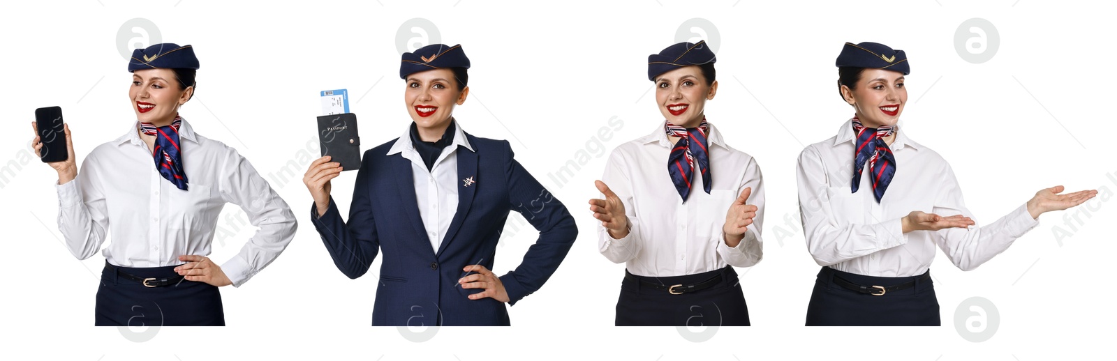 Stewardess in uniform on white background, collage of portraits Image of Stewardess in uniform on white background, collage of portraits