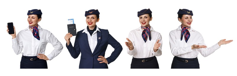 Image of Stewardess in uniform on white background, collage of portraits