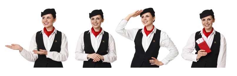 Image of Stewardess in uniform on white background, collage of portraits