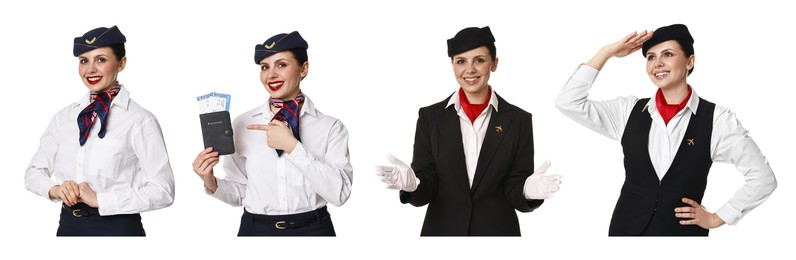 Image of Stewardess in uniform on white background, collage of portraits