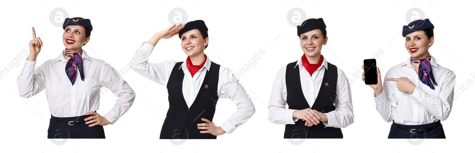 Stewardess in uniform on white background, collage of portraits Image of Stewardess in uniform on white background, collage of portraits