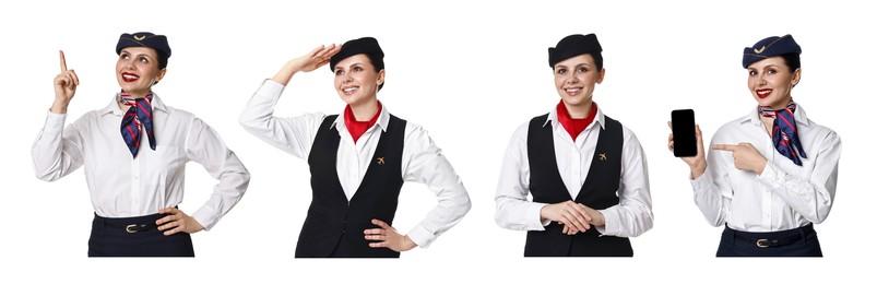 Image of Stewardess in uniform on white background, collage of portraits
