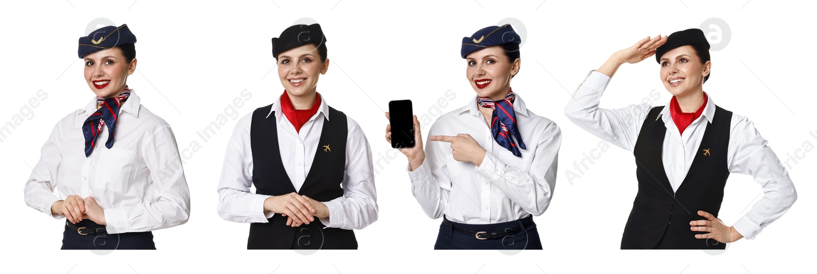 Stewardess in uniform on white background, collage of portraits Image of Stewardess in uniform on white background, collage of portraits