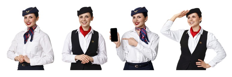 Image of Stewardess in uniform on white background, collage of portraits