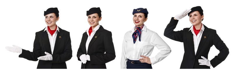 Image of Stewardess in uniform on white background, collage of portraits