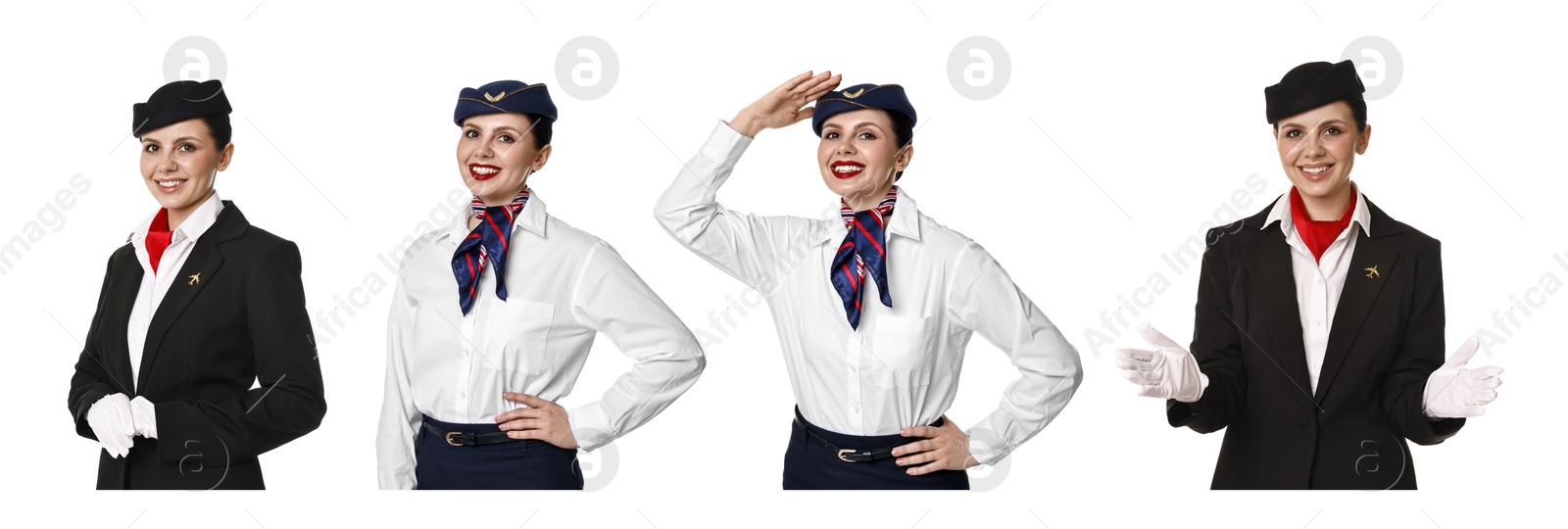 Stewardess in uniform on white background, collage of portraits Image of Stewardess in uniform on white background, collage of portraits