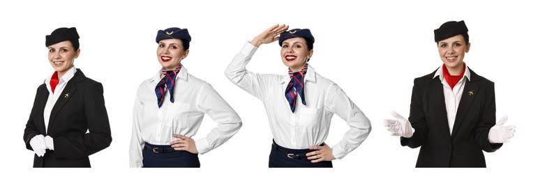Image of Stewardess in uniform on white background, collage of portraits