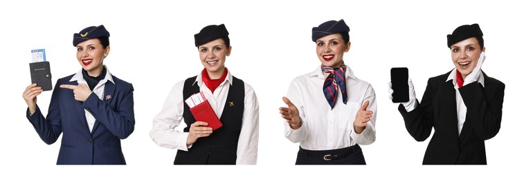 Image of Stewardess in uniform on white background, collage of portraits