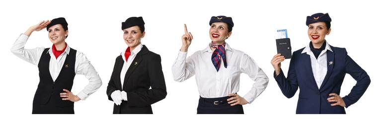 Image of Stewardess in uniform on white background, collage of portraits