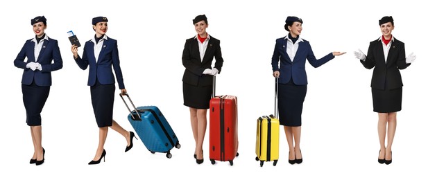 Image of Stewardess in uniform on white background, collage of full length portraits