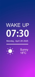 Image of Alarm clock app for mobile phone. Interface with set time, weekday, date, weather conditions and phrase Wake Up