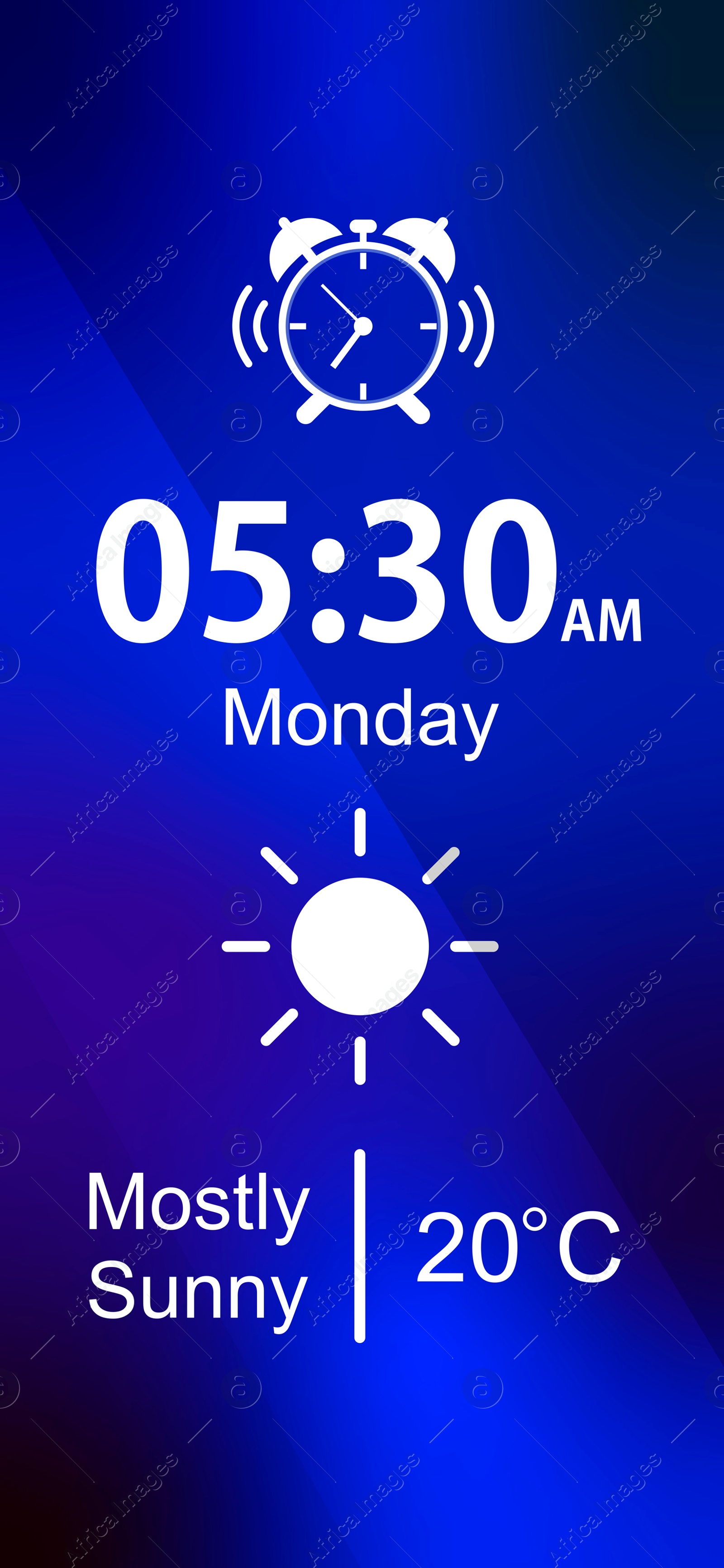 Alarm clock app for mobile phone. Interface with set time, weather conditions and weekday Image of Alarm clock app for mobile phone. Interface with set time, weather conditions and weekday