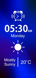 Image of Alarm clock app for mobile phone. Interface with set time, weather conditions and weekday