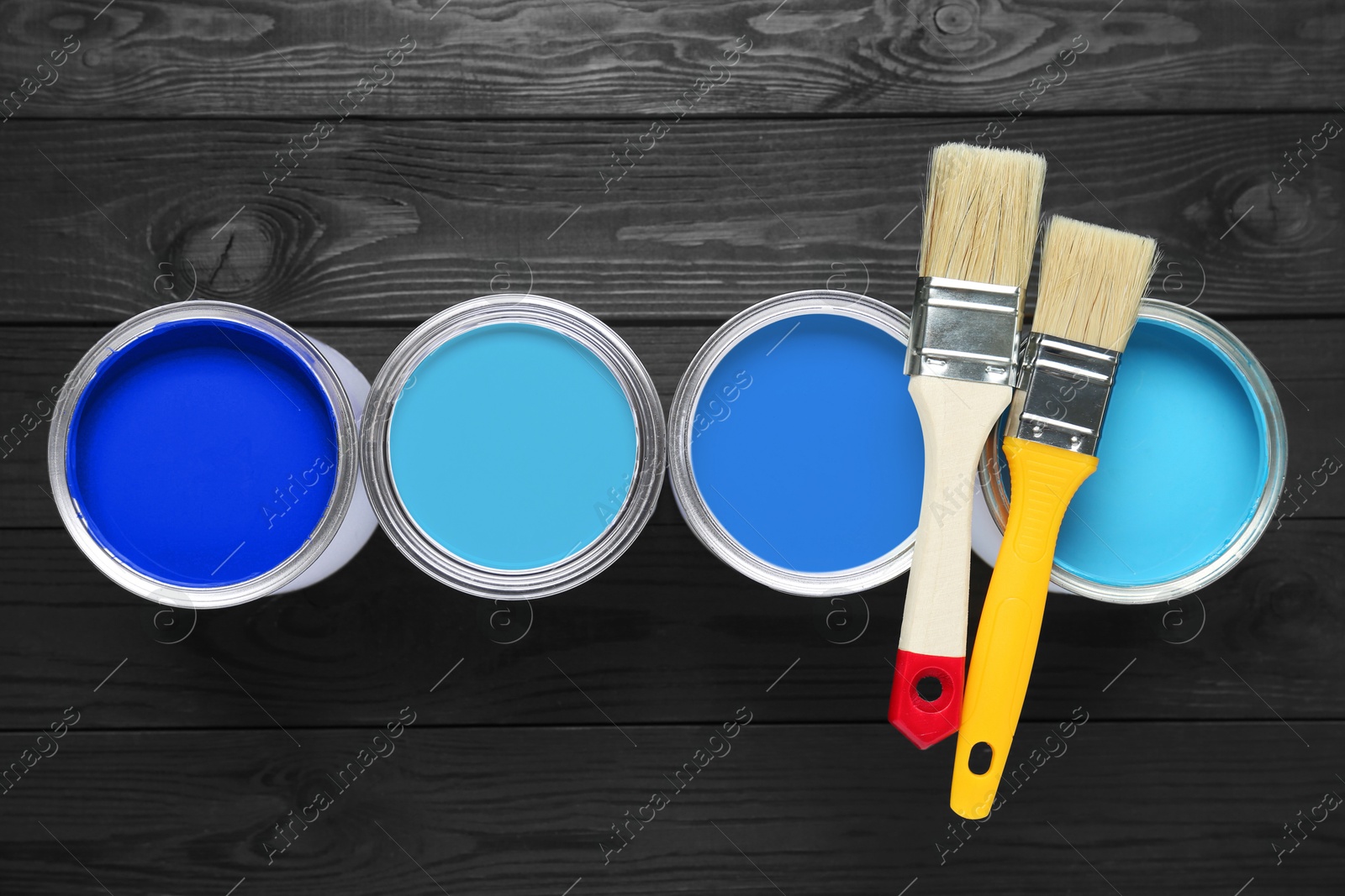 Cans with paint in shades of blue and brushes on black wooden background, top view Image of Cans with paint in shades of blue and brushes on black wooden background, top view