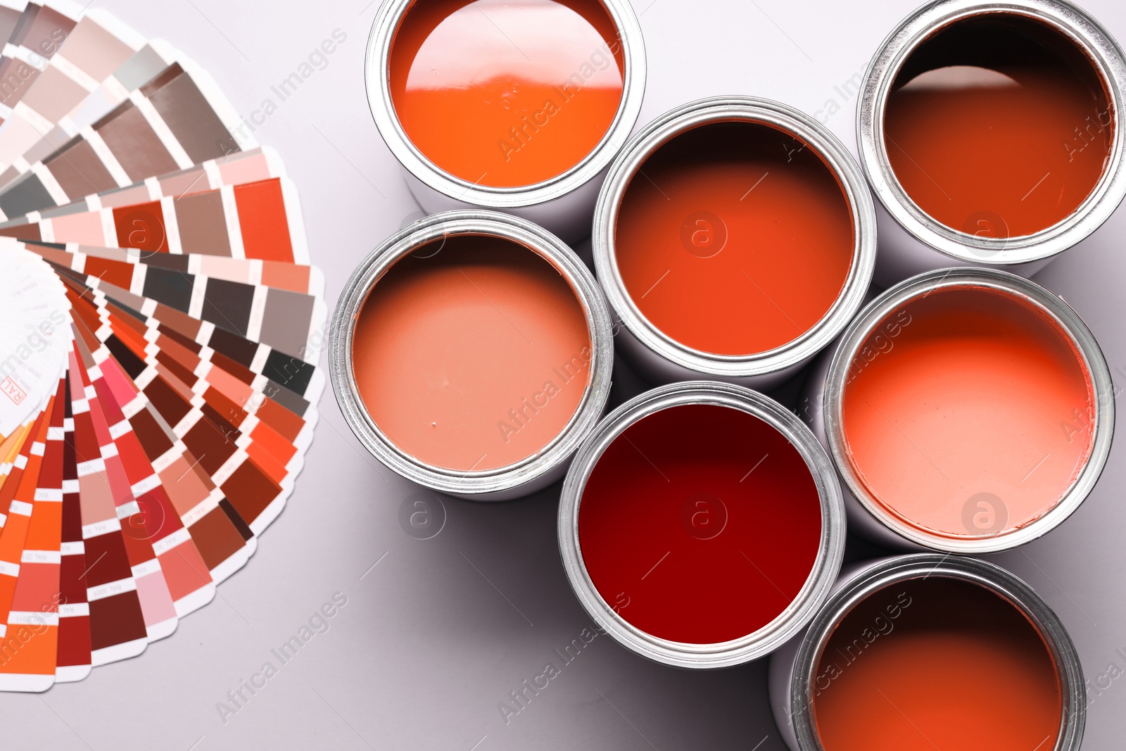 Cans with paint in shades of red and color palette on white background, top view Image of Cans with paint in shades of red and color palette on white background, top view