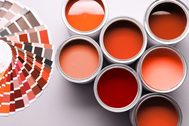 Image of Cans with paint in shades of red and color palette on white background, top view
