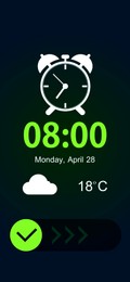 Image of Alarm clock app for mobile phone. Interface with set time, weekday, date, weather conditions and off button