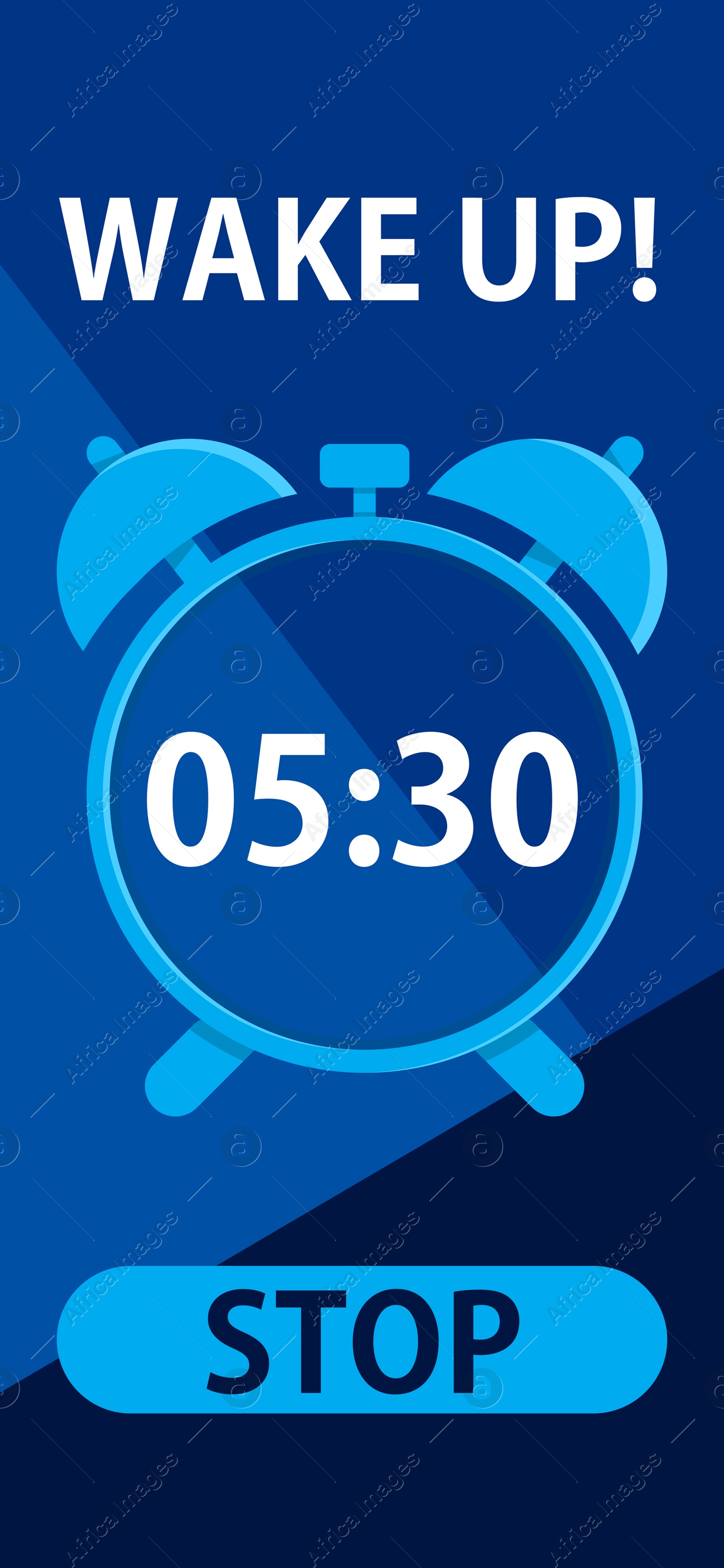Alarm clock app for mobile phone. Interface with set time, Stop button and phrase Wake Up Image of Alarm clock app for mobile phone. Interface with set time, Stop button and phrase Wake Up