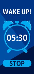 Image of Alarm clock app for mobile phone. Interface with set time, Stop button and phrase Wake Up