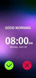 Image of Alarm clock app for mobile phone. Interface with set time, weekday, date, buttons and phrase Good Morning