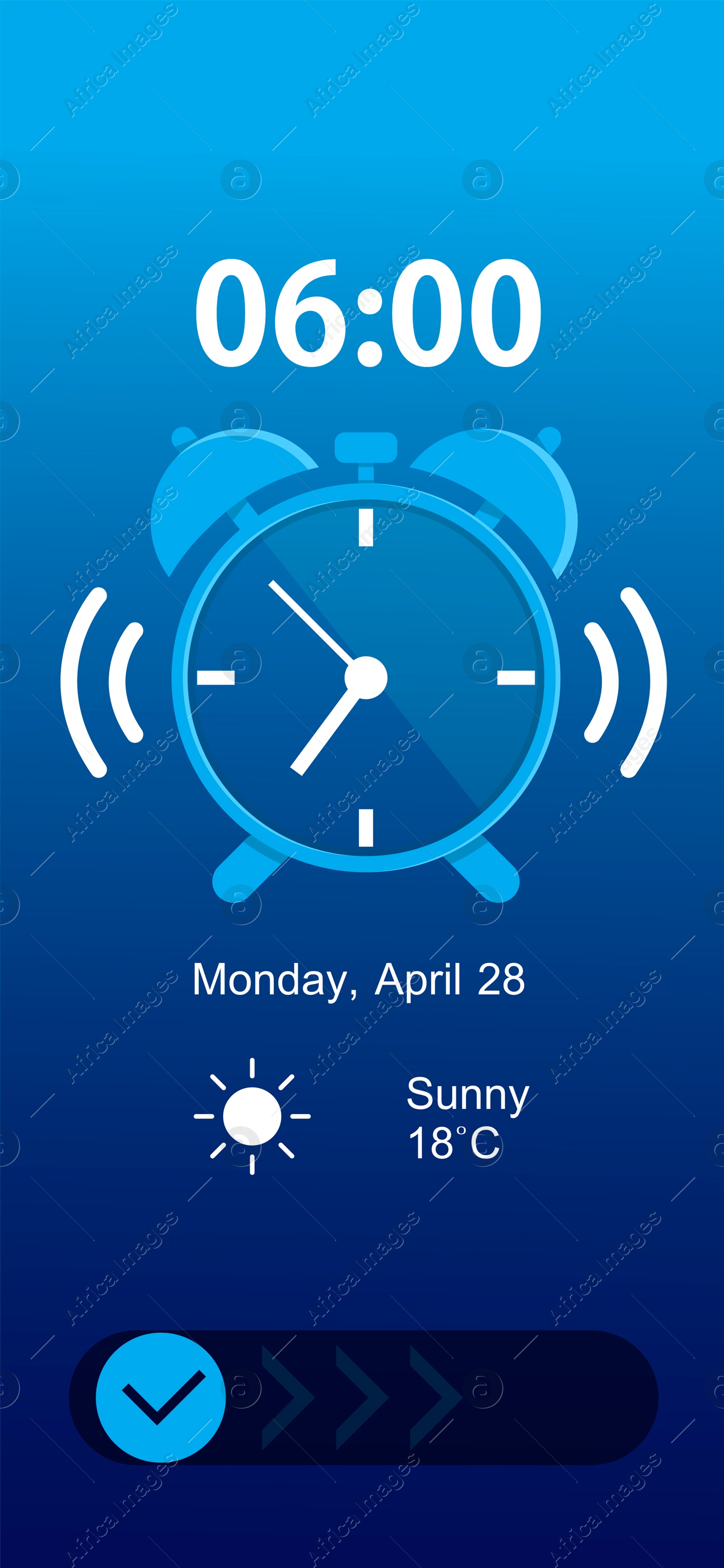 Alarm clock app for mobile phone. Interface with set time, weekday, date, weather conditions and off button Image of Alarm clock app for mobile phone. Interface with set time, weekday, date, weather conditions and off button