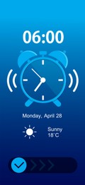 Image of Alarm clock app for mobile phone. Interface with set time, weekday, date, weather conditions and off button