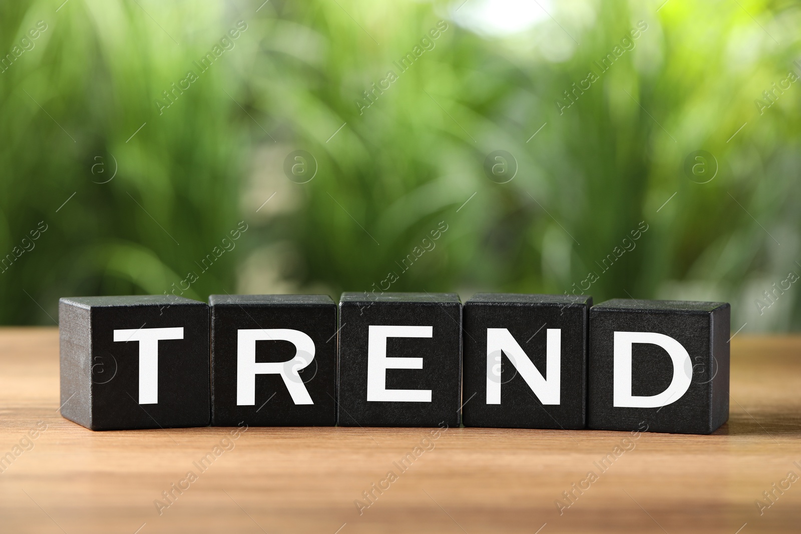 Word Trend made of wooden cubes with letters on table outdoors Image of Word Trend made of wooden cubes with letters on table outdoors