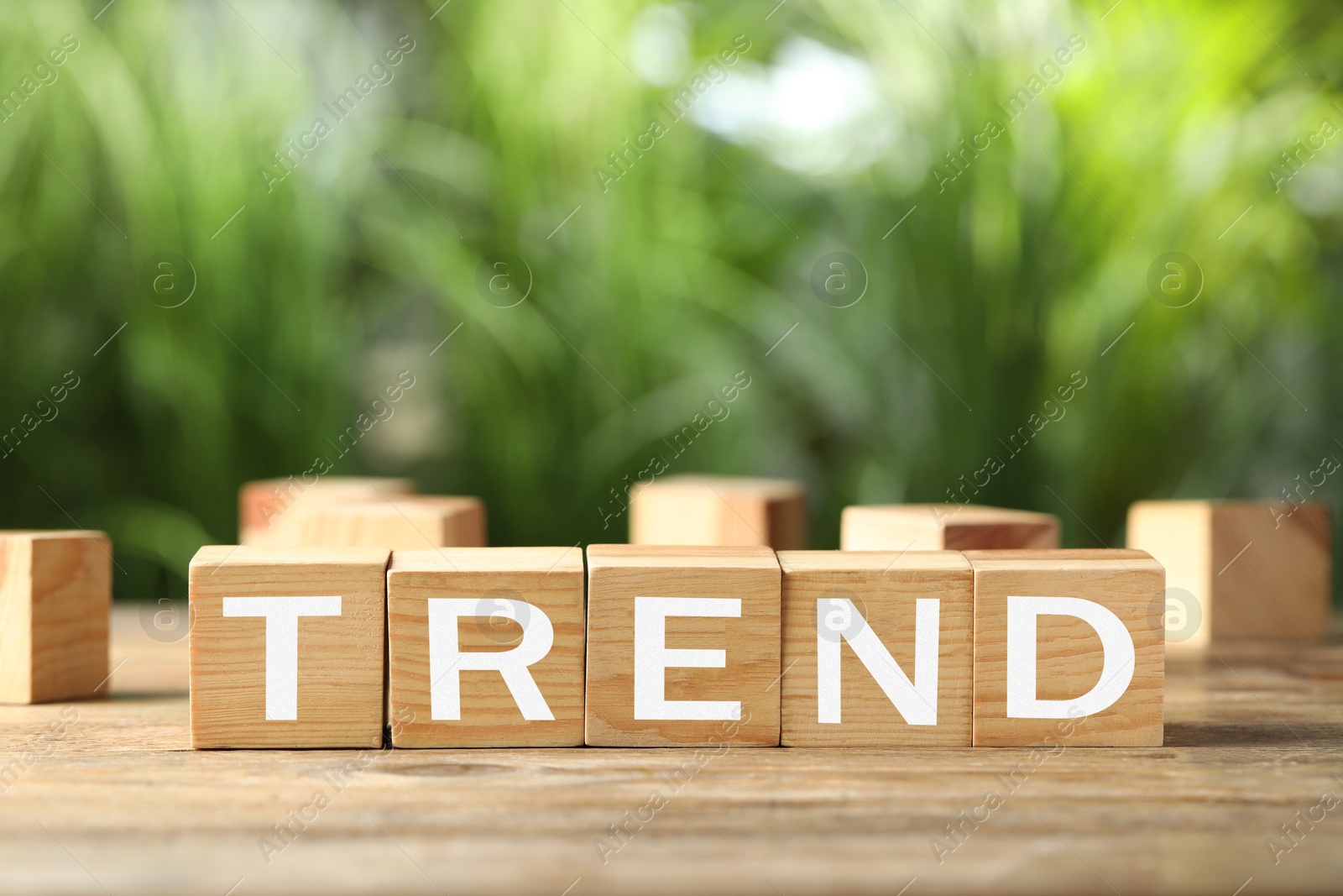 Word Trend made of wooden cubes with letters on table outdoors Image of Word Trend made of wooden cubes with letters on table outdoors