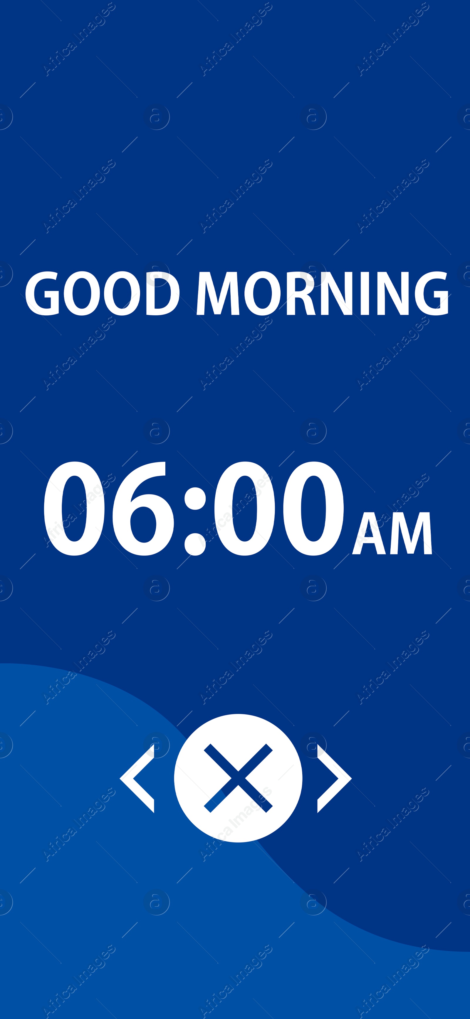 Alarm clock app for mobile phone. Interface with set time, off button and phrase Good Morning Image of Alarm clock app for mobile phone. Interface with set time, off button and phrase Good Morning