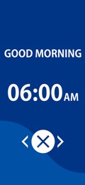 Image of Alarm clock app for mobile phone. Interface with set time, off button and phrase Good Morning