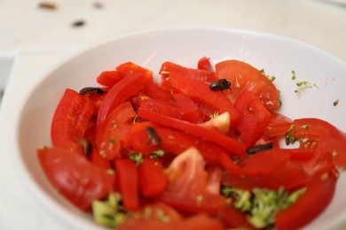 Photo of Cockroaches and vegetables in bowl on table, closeup