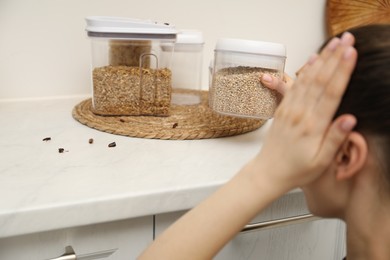 Photo of Woman looking at cockroaches on countertop in kitchen, closeup