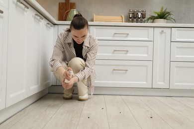 Photo of Woman spraying insecticide onto cockroaches on floor in kitchen. Pest problem