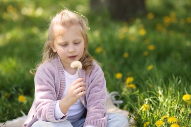 Photo of Cute little girl with beautiful dandelion on green grass outdoors, space for text