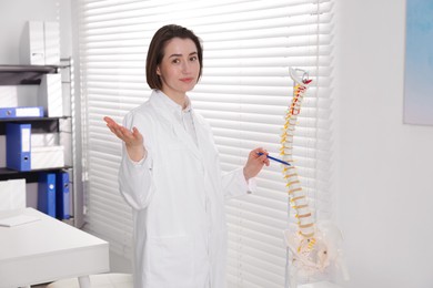 Photo of Doctor pointing at sections of human spine model in clinic