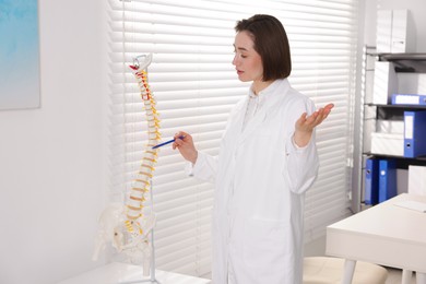 Photo of Doctor pointing at sections of human spine model in clinic