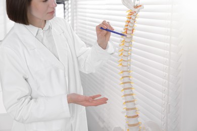 Photo of Doctor pointing at sections of human spine model in clinic, closeup