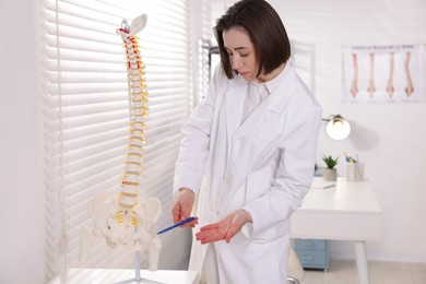 Photo of Doctor pointing at sections of human spine model in clinic