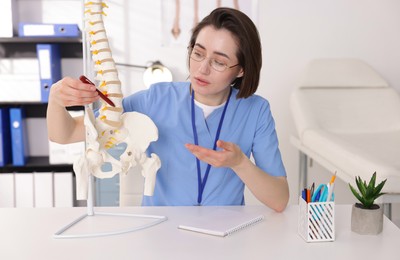 Photo of Doctor pointing at sections of human spine model at desk in clinic