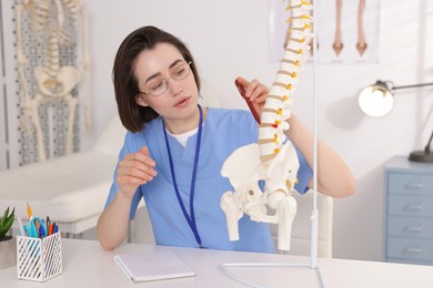Photo of Doctor pointing at sections of human spine model at desk in clinic