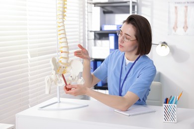 Photo of Doctor pointing at sections of human spine model at desk in clinic