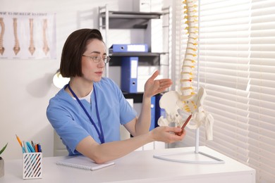 Photo of Doctor pointing at sections of human spine model at desk in clinic