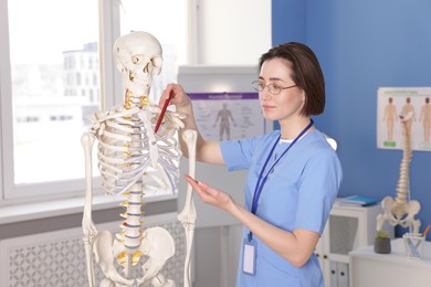 Photo of Doctor pointing at sections of human skeleton model in clinic