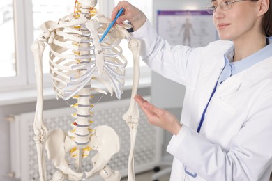 Photo of Doctor pointing at sections of human skeleton model in clinic, closeup