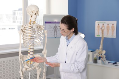Photo of Doctor pointing at sections of human skeleton model in clinic